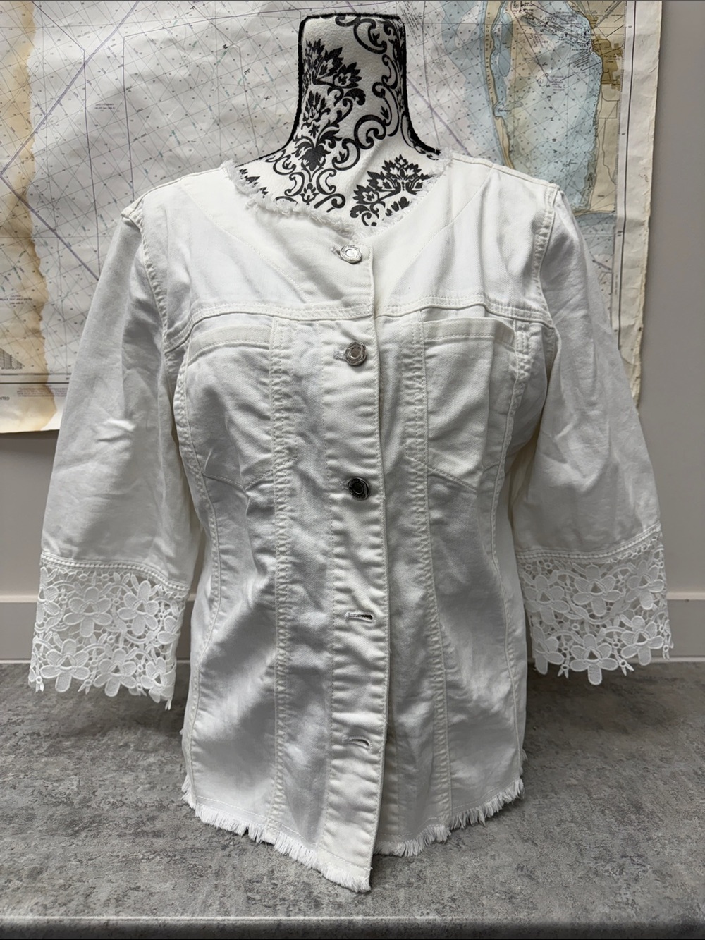 Joseph Ribkoff White Lace-Trim Button Front Jean Jacket‎